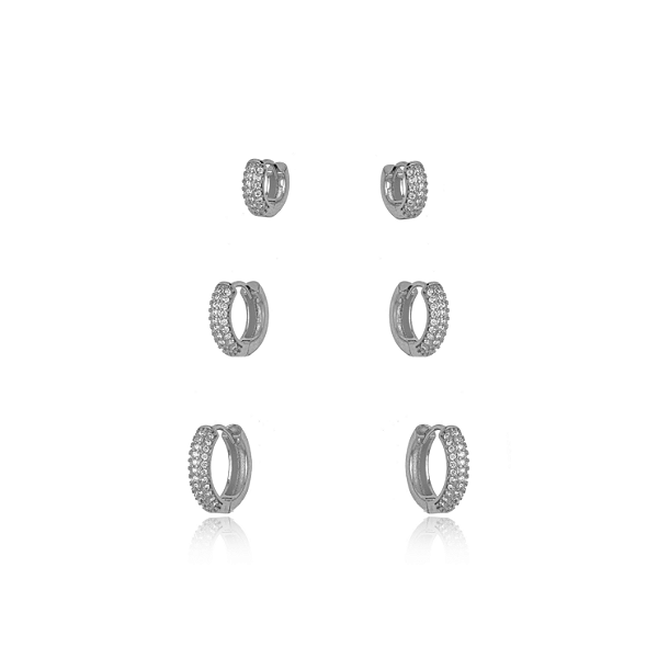 BRINCO SEMIJOIA TRIO ARGOLA MICRO ZIRCONIA CONFECCIONADO EM BANHO DE RÓDIO