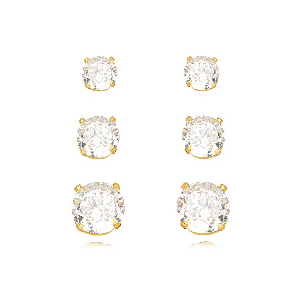 BRINCO SEMIJOIA TRIO PONTO DE LUZ CRISTAL CONFECCIONADO EM BANHO DE OURO 18K