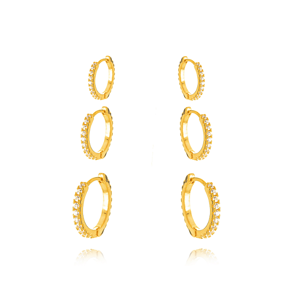 BRINCO SEMIJOIA TRIO ARGOLA MICRO ZIRCONIA CONFECCIONADO EM BANHO DE OURO 18K