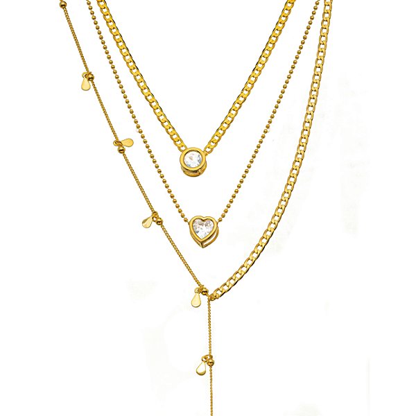 COLAR SEMIJOIA TRIO MIX CRISTAL CONFECCIONADO EM BANHO DE OURO 18K