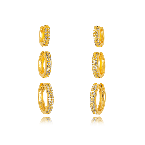 BRINCO SEMIJOIA TRIO MICRO ZIRCONIA CONFECCIONADO EM BANHO DE OURO 18K