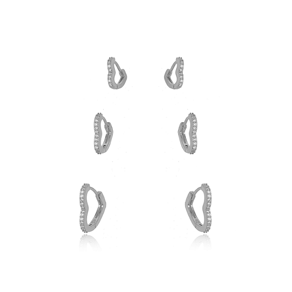 BRINCO SEMIJOIA TRIO ARGOLA CORACÃO MICRO ZIRCONIA CONFECCIONADO EM BANHO DE RÓDIO