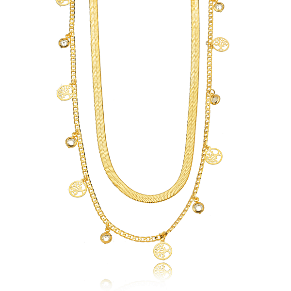 COLAR SEMIJOIA DUPLO CRISTAIS CONFECCIONADO EM BANHO DE OURO 18K