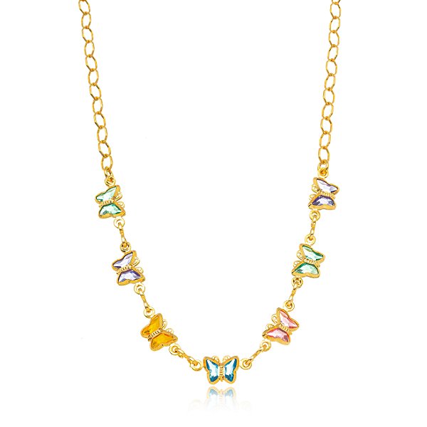 COLAR SEMIJOIAS BORBOLETA CRISTAIS COLOR CONFECCIONADO EM BANHO DE OURO 18K