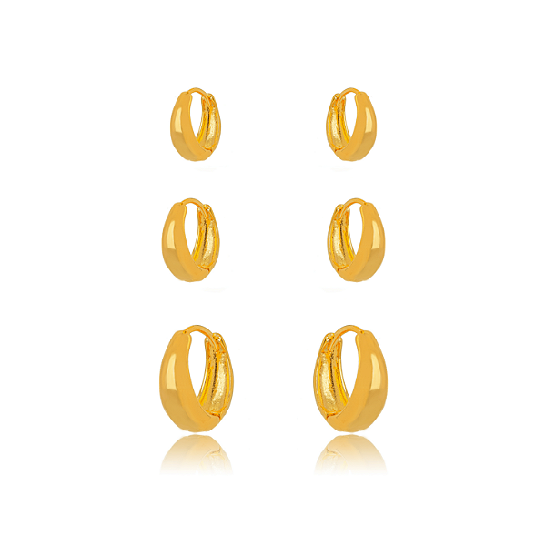 BRINCO SEMIJOIA TRIO ARGOLA LISA CONFECCIONADO EM BANHO DE OURO 18K