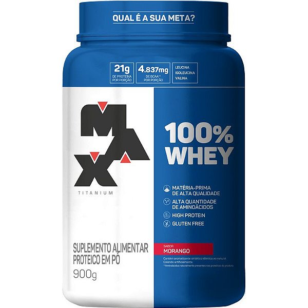 100% WHEY - Pote 900g - Morango- Max Titanium