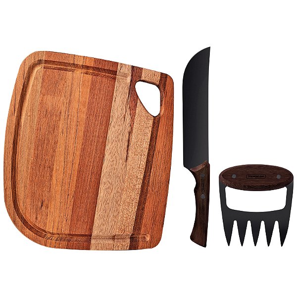 Jogo para Churrasco Black 3 Peças em Aço Inox Escurecido e Tabua Tramontina