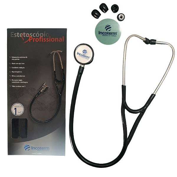 ESTETOSCÓPIO PROFISSIONAL CARDIOLÓGICO - HASTE EM AÇO INOX - PRETO - INCOTERM