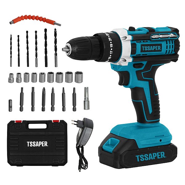 Parafusadeira e Furadeira de Impacto a bateria 21v com Maleta e Acessórios Tssaper TPA21V-1