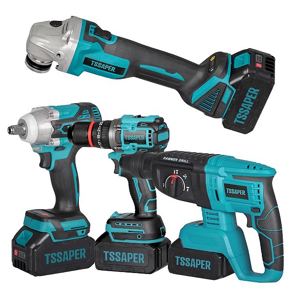 Kit Completo Ferramentas 4 em 1 Martelete + Esmerilhadeira angular + Parafusadeira + Chave de Impacto a Bateria 21V 3000