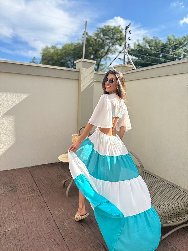 SAÍDA LONGA BICOLOR TURQUESA E OFF WHITE