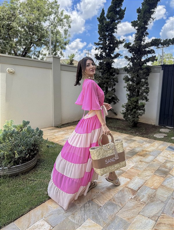 SAÍDA LONGA MUSSELINE BICOLOR ROSA CHICLETE E NUDE - PRÉ VENDA