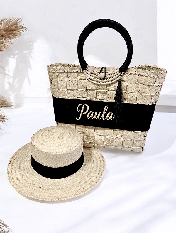 KIT BOLSA DE PALHA + CHAPÉU DE PALHA PARIS ABA MÉDIA COM FAIXAS PRETAS