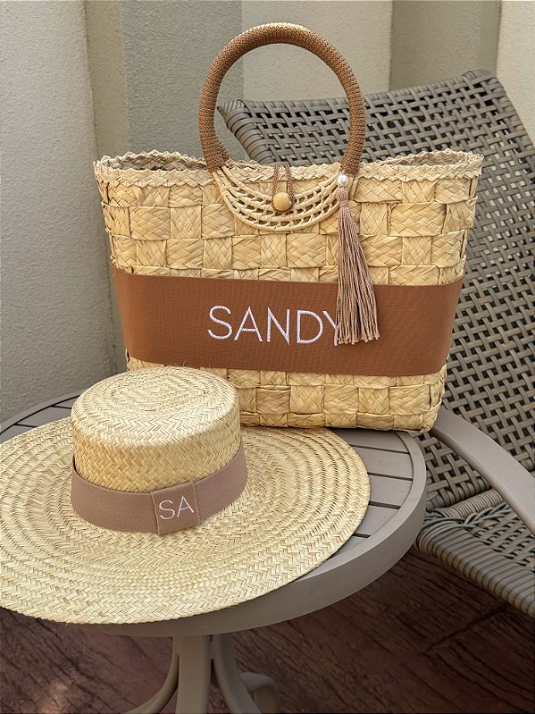 KIT BOLSA DE PALHA + CHAPÉU DE PALHA PARIS ABA LONGA COM FAIXAS CARAMELLO