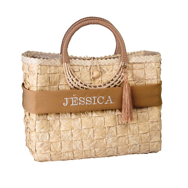 BOLSA DE PALHA COM FAIXAS PERSONALIZADA CARAMELLO