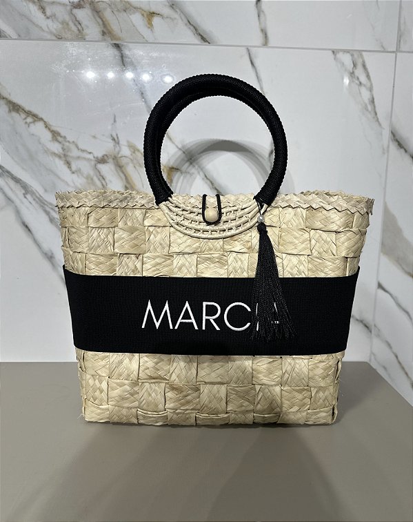 BOLSA DE PALHA COM FAIXAS PERSONALIZADA PRETA
