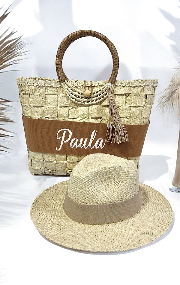 KIT BOLSA DE PALHA + CHAPÉU DE PALHA PANAMÁ PALHA NOBRE FAIXA CARAMELO