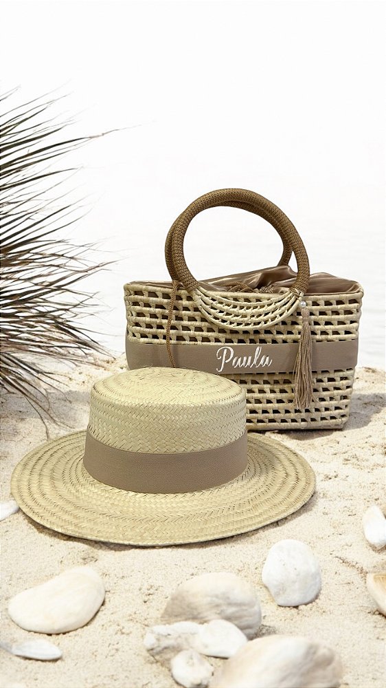 KIT BOLSA DE PALHA + CHAPÉU DE PALHA PARIS ABA MÉDIA COM FAIXAS FENDI