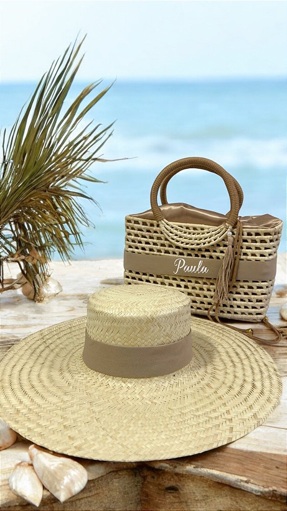 KIT BOLSA DE PALHA MÉDIA + CHAPÉU DE PALHA PARIS ABA LONGA COM FAIXAS CARAMELLO