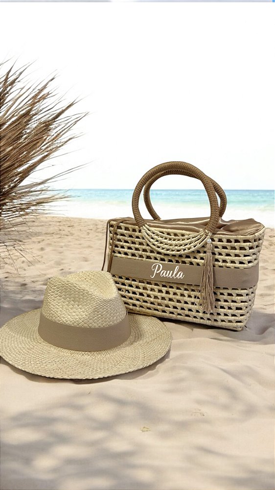 KIT BOLSA DE PALHA + CHAPÉU DE PALHA PANAMÁ PALHA NOBRE FAIXA COR FENDI