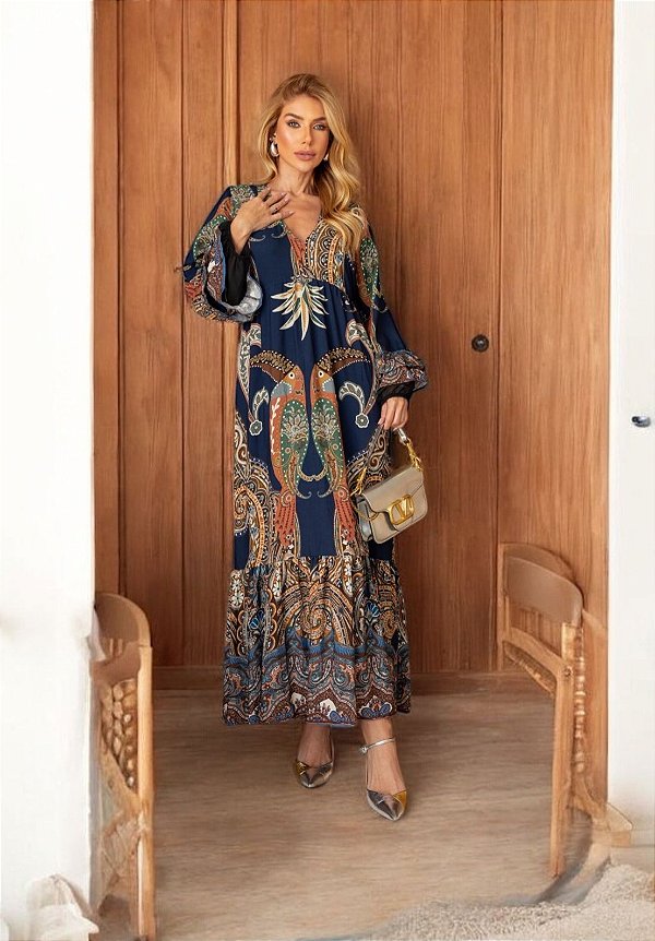 VESTIDO LONGO TUCANO DO ORIENTE AZUL EM VISCOSE