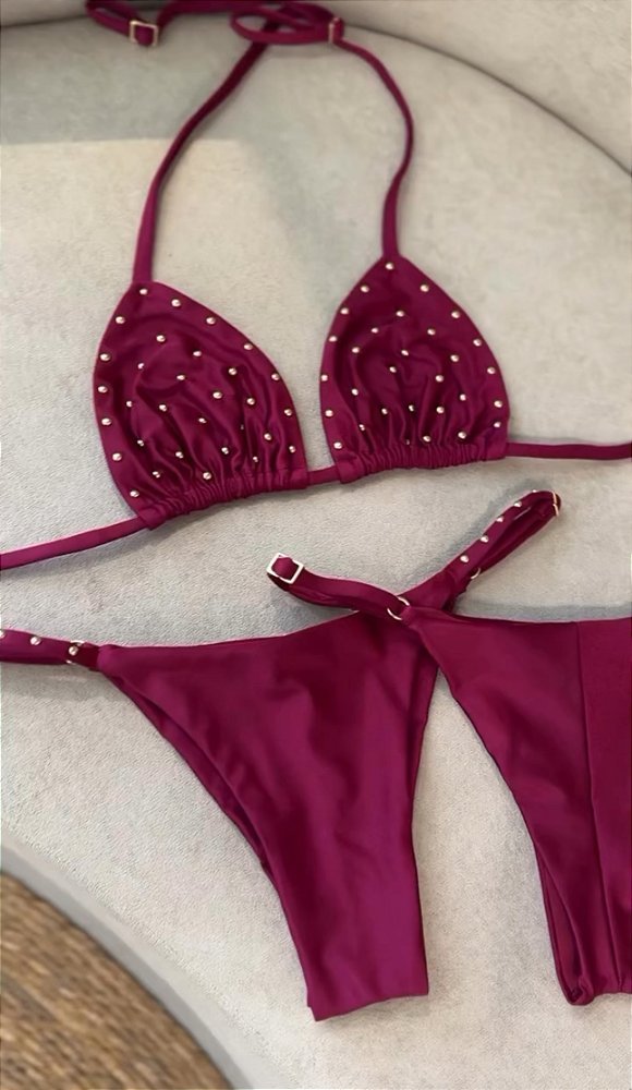 BIQUÍNI VINHO BORDO CORTININHA COM DETALHES EM DOURADO - PRE VENDA