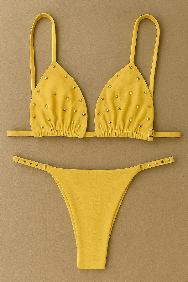 BIQUÍNI AMARELO MANTEIGA CORTININHA COM DETALHES EM DOURADO