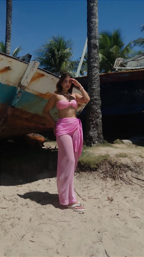 CALÇA TULE COM LENÇO ROSA CHICLETE