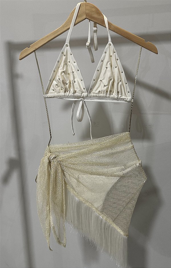 SAIA LENÇO DE RENDA DOURADA COM FRANJA OFF WHITE