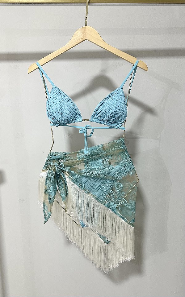 SAIA LENÇO DE RENDA TURQUESA COM FRANJA