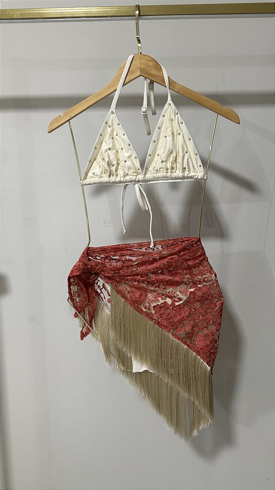 SAIA LENÇO DE RENDA CORAL COM FRANJA