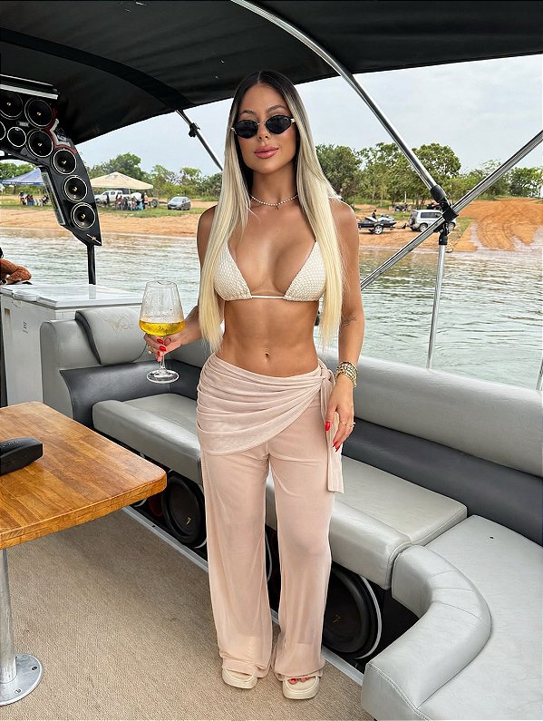 CALÇA TULE COM LENÇO CREME PAPAYA