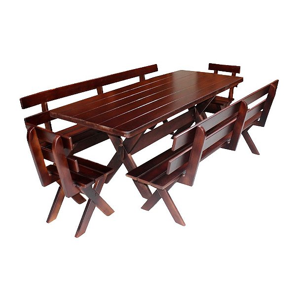 Conjunto Mesa Rústica 2m 2 Bancos e 2 Cadeiras Madeira Maciça Angelim Tabaco