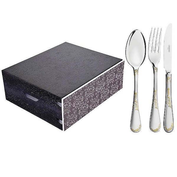 Faqueiro Tramontina Renascença Inox com Facas de Mesa Detalhes em Ouro Acabamento Brilho e Fosco Estojo de ...