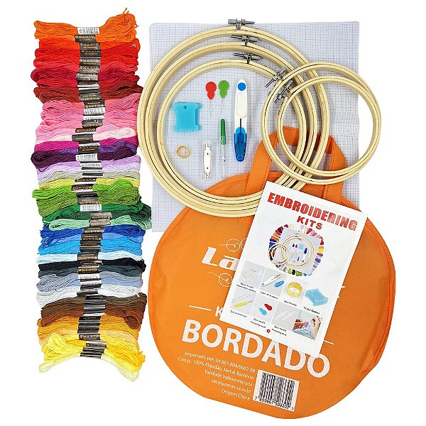 Kit Bordado Ponto Cruz Para Iniciante Completo com 50 ou 100 Cores de Linha + Bolsa Organizadora e Ferramentas