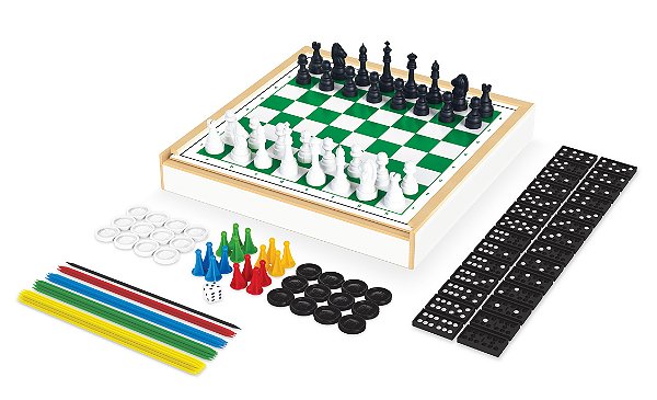 Jogo 6x1 - Xadrez,Damas,Trilha,Ludo,Pega-Varetas e Dominó - Junges