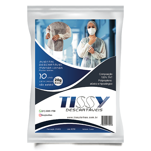 Avental Manga Longa Punho Lastex 1,10m 20g Branco 10un