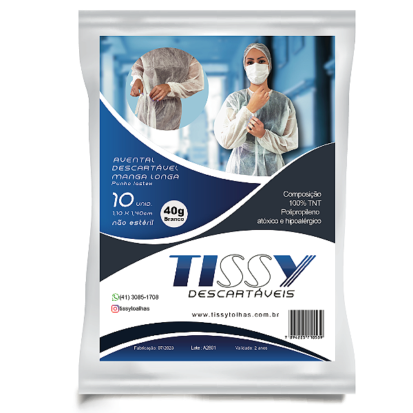 Avental Manga Longa Punho Lastex 1,10m 40g Branco 10un
