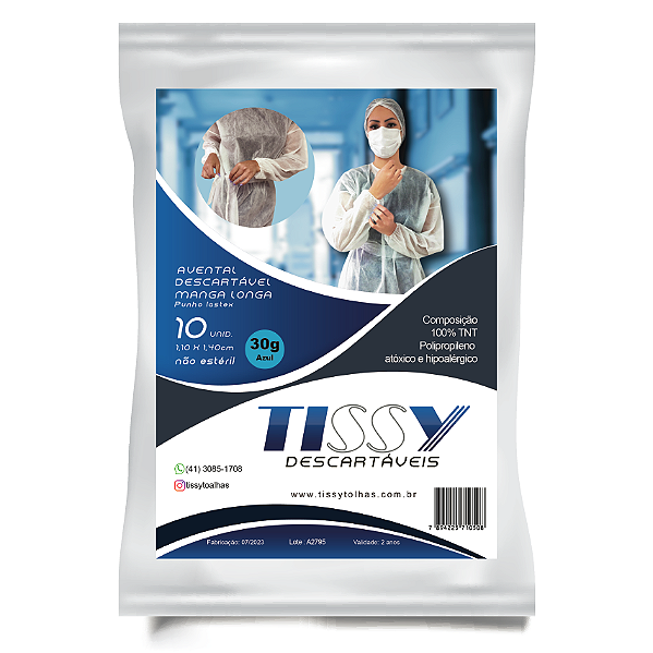 Avental Manga Longa Punho Lastex 1,10m 30g 10un Branco ou Azul