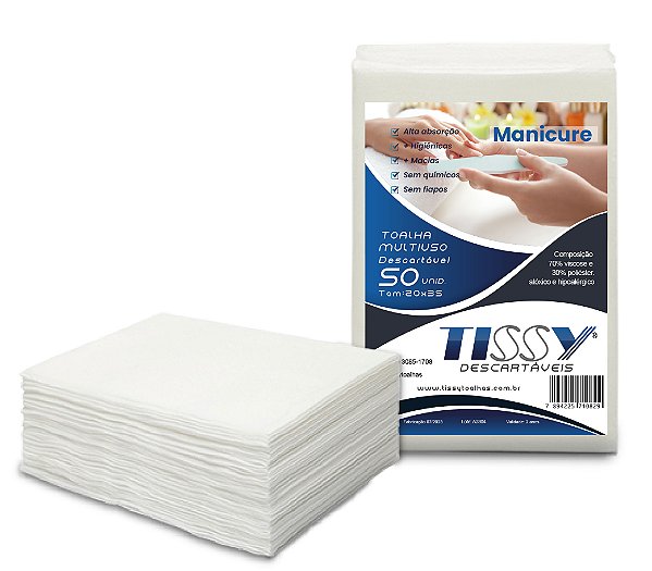 Toalha Descartável Tissy  Manicure - 20 X 35 cm - Pacote 50 unid. - Alta Absorção-Salões de Beleza- Estúdios de manicure- Pedicure