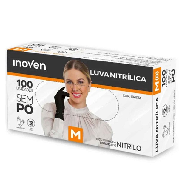 Luva Nitrílica Sem Pó Preta Profissional Inoven – Caixa com 100 Unidades
