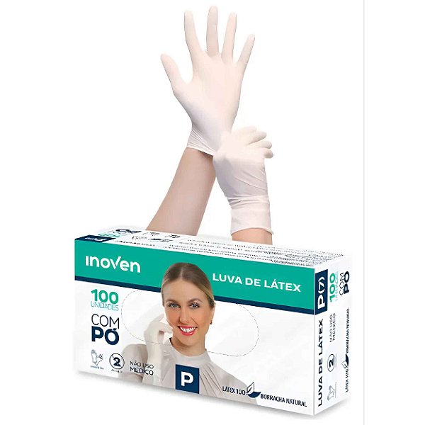 Luva de Látex com Pó Descartável Inoven para Proteção de Mãos – Caixa com 100 Unidades