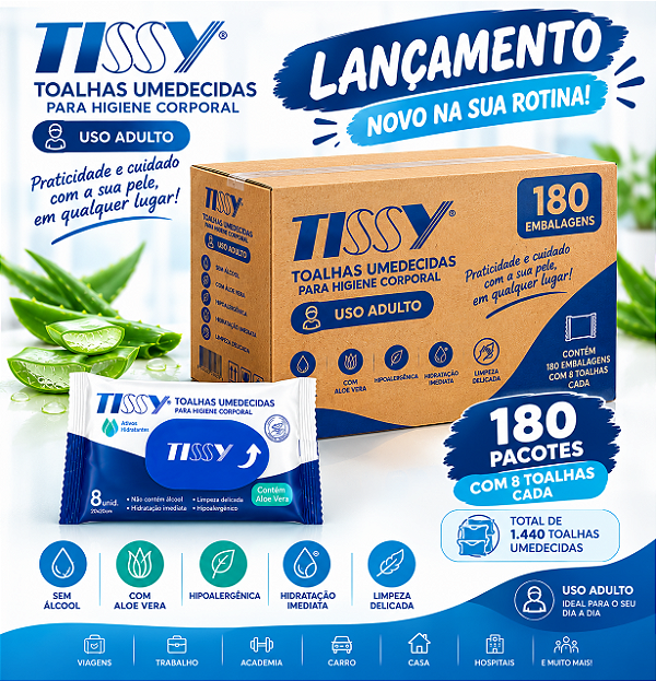 TOALHA UMEDECIDA DESCARTAVEL PACOTE COM 8 UNIDADES TISSY UNIDADES:180