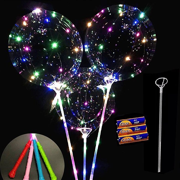 Kit C/ 50 (6,79un pix) Balões Com Bastão Led Colorido Completo C/ Pilhas E Vareta