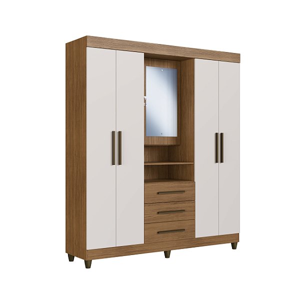Guarda-Roupa Europa 1,90 cm 5 Portas 3 Gavetas com Espelho Canela/Off White