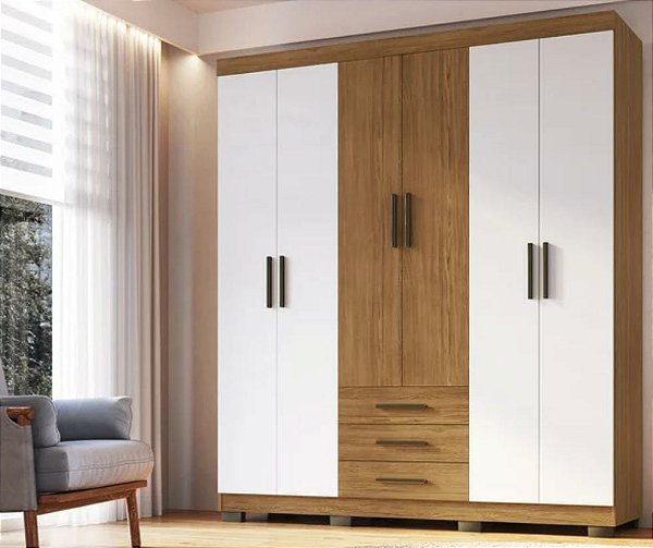 Guarda-Roupa Vitória 1,80 6 Portas 3 Gavetas Canela/Branco