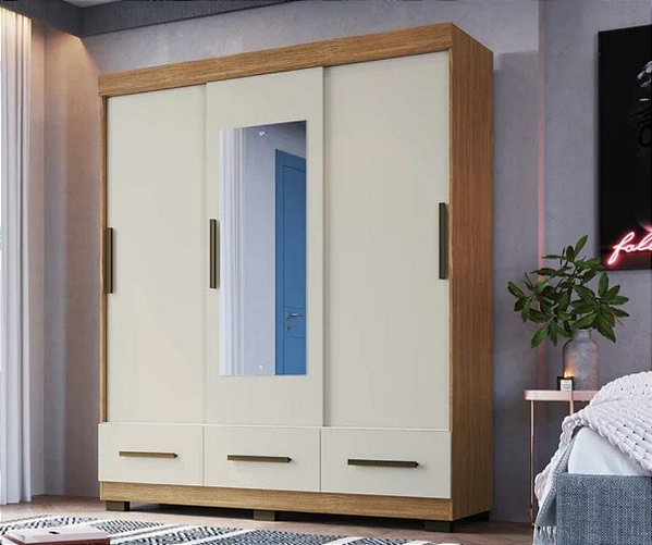 Guarda-Roupa Lages 1,60 3 Portas Deslizantes 3 Gavetas Com Espelho Canela/Off White