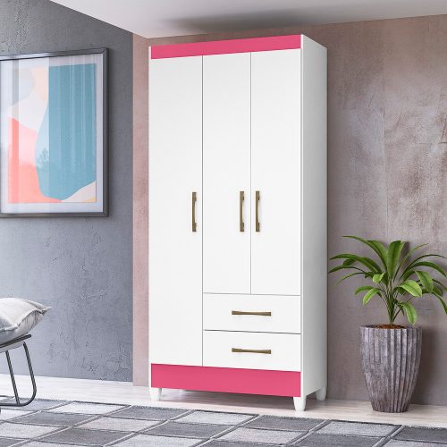 Guarda-Roupa Lima 1,80 3 Portas 2 Gavetas Branco/Rosa