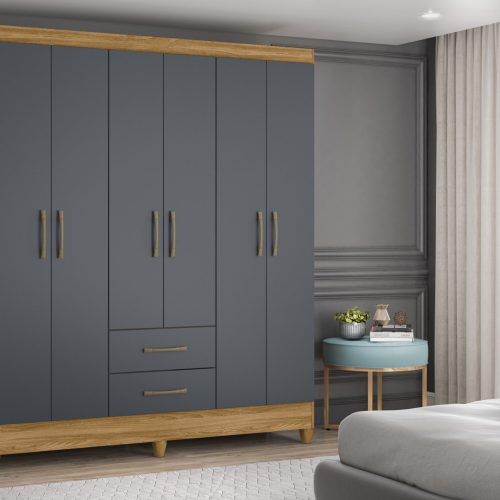 Guarda-Roupa Panamá 1,80 6 Portas 2 Gavetas Freijó/Cinza