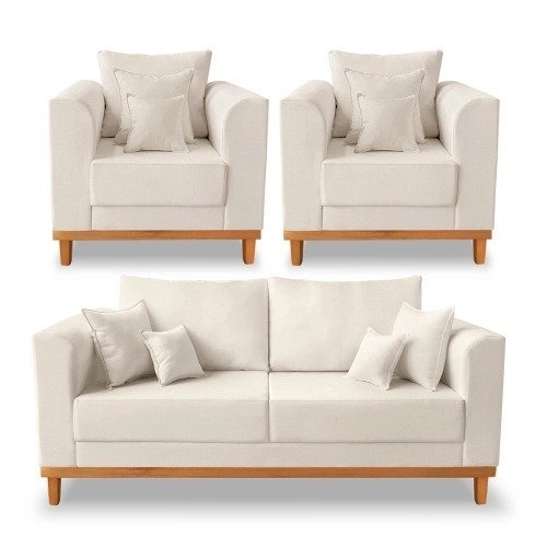 Kit Sofá 3 Lugares e 2 Poltronas Beny Viena Com Almofadas Decorativa Linho